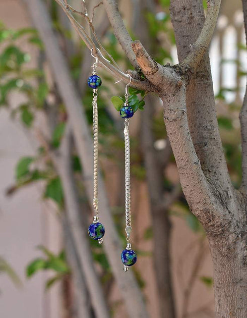 Earring With Blue Pottery Ceramic Beads With Metal Chain in Blue Colour
